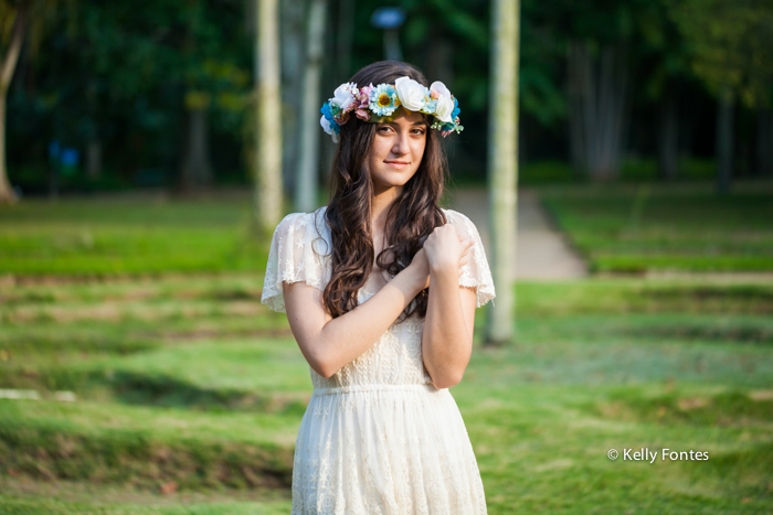 Book 15 anos RJ Luisa ensaio debutante bailarina arco de flores na cabeça jardim botanico