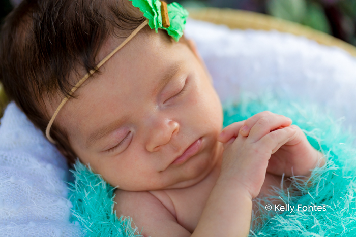 Fotografia Newborn RJ Recém Nascido Bebê flor verde linha amarela na cabeça  dentro cesta amarela braços cruzados rezando por Kelly Fontes
