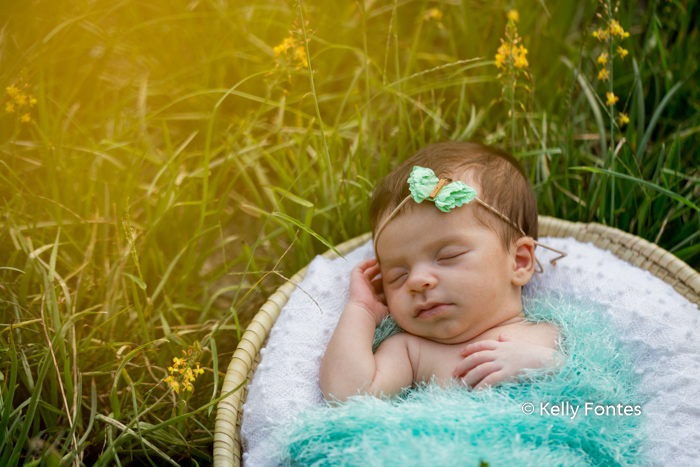 Fotografia Newborn RJ Recém Nascido Bebê flor verde linha amarela na cabeça  dentro cesta amarela deitada sobre o braço mão na cabeça luz amarela do sol por Kelly Fontes