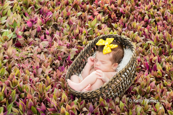 Fotografia Newborn RJ Recém Nascido Bebê laço amarelo bolinhas brancas na cabeça dentro cestinha dormindo mão na cabeça pernas cruzadas por Kelly Fontes